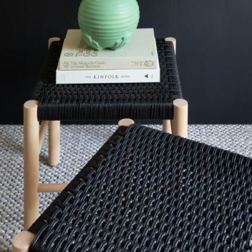 woven stools converted from chairsusing black unlaced danish cord
